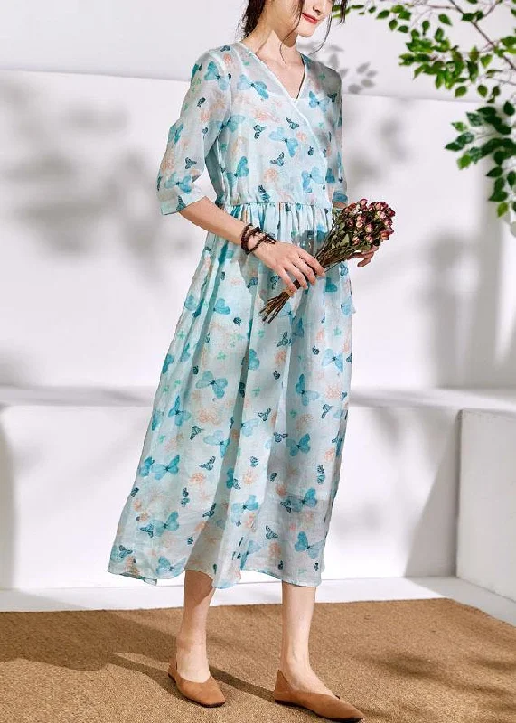 Reduced Prices elegant shift dressBeautiful v neck Cinched linen summer Robes Inspiration light blue print Dress