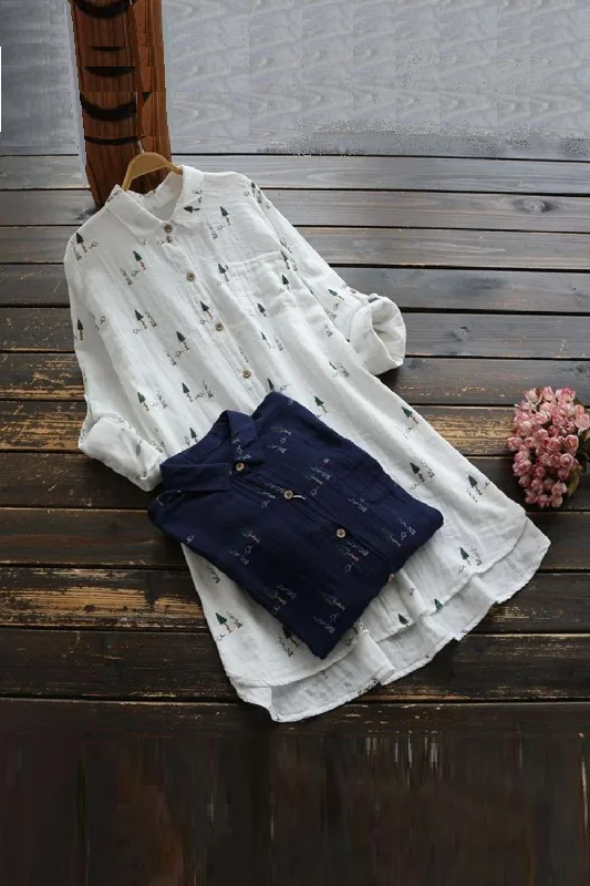Online Exclusive Spring Women Blouse Simple Style Turndown Collar Cotton Blouse Women Literary Shirt Top