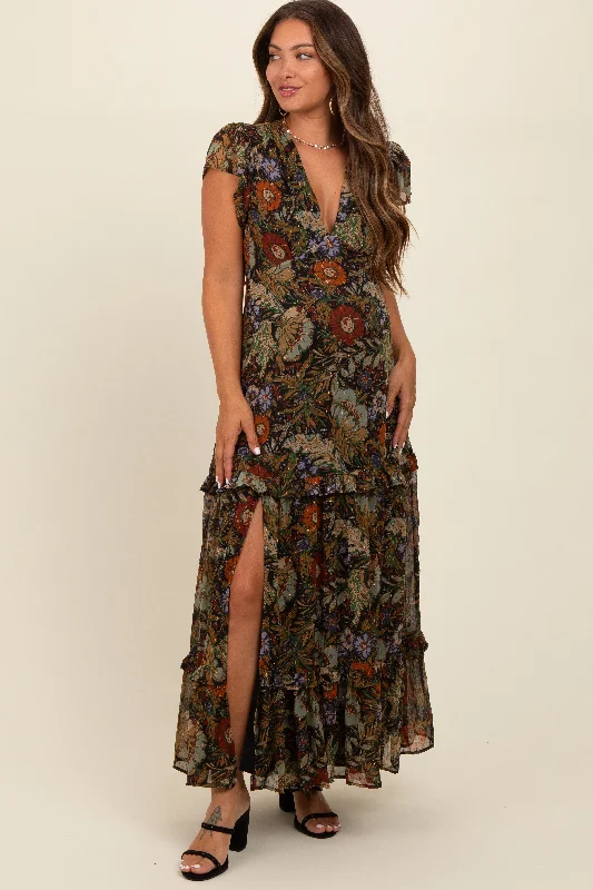 Final Clearance summer floral dressBlack Floral Deep V-Neck Tiered Maternity Maxi Dress