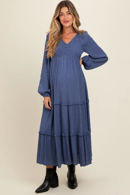 Warehouse Sale denim dressBlue Smocked Tiered Maternity Midi Dress