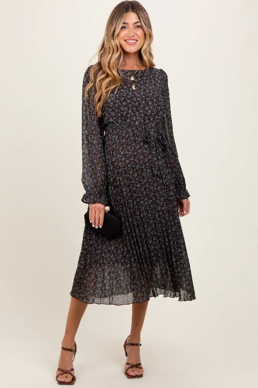 Stock Clearance v-neck dressBrown Floral Front Tie Pleated Maternity Midi Dress