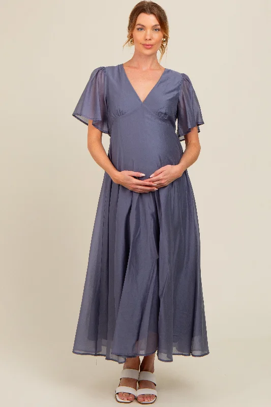 Online Only party-ready dressBlue V-Neck Flutter Sleeve Maternity Maxi Dress