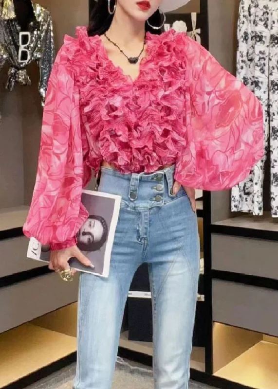 Take Advantage Style Rose V Neck Ruffled Print Patchwork Chiffon Shirt Top Summer TI1031