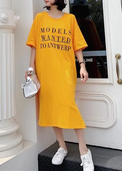 Price Reduction ashionable dressFrench yellow cotton tunic dress side open Robe summer Dresses