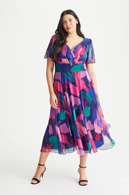 Can't Miss luxury dressVictoria Navy Magenta Print Angel Sleeve Mesh Long Midi Dress