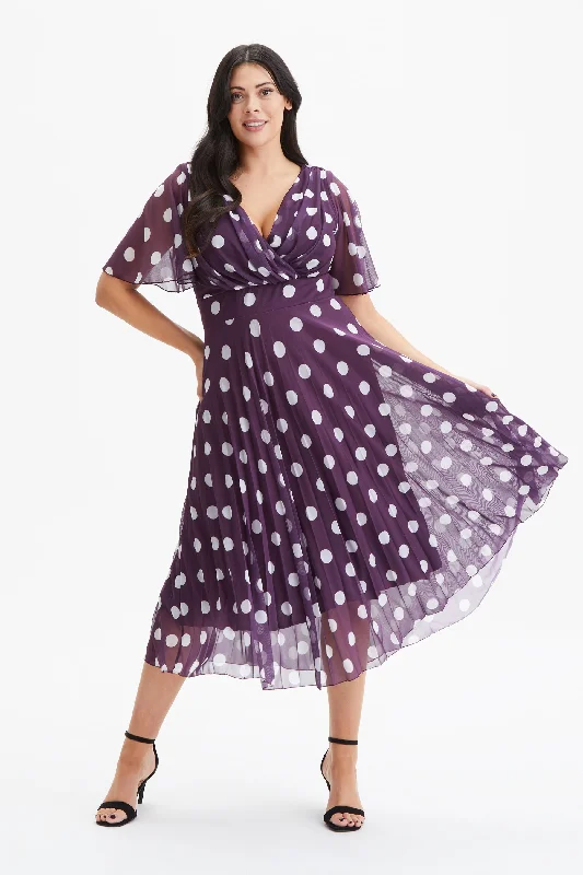 Fantastic Deals off-the-shoulder dressCarole Purple Ivory Wrap Bodice Sunray Pleated Skirt Midi Dress
