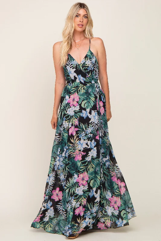 Exclusive Online Offer puff sleeve dressBlack Tropical Floral Chiffon Wrap Front Maxi Dress