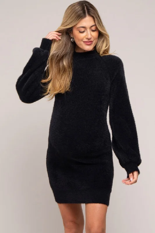 Markdown Madness pleated dressBlack Fuzzy Knit Puff Sleeve Maternity Sweater Dress