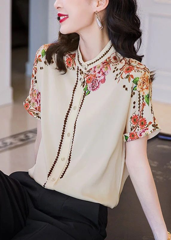 Early Access Fashion Apricot Stand Collar Print Patchwork Silk Top Summer LY0376