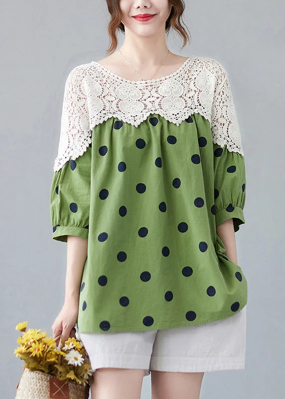 Don't Miss Cute Green O-Neck Dot Lace Patchwork Top Summer AC2029