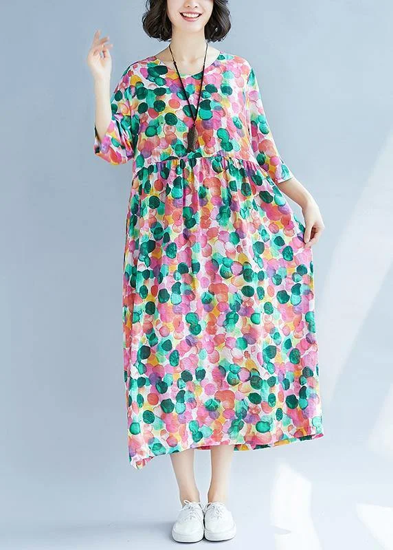 Super Sale trendy wrap dressLoose rose dotted prints cotton linen Wardrobes short sleeve Kaftan summer Dress