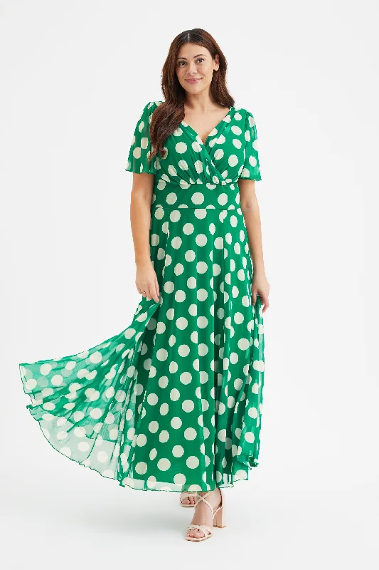 Early Access luxury dressIsabelle Green Cream Lollidot Print Float Sleeve Maxi Dress