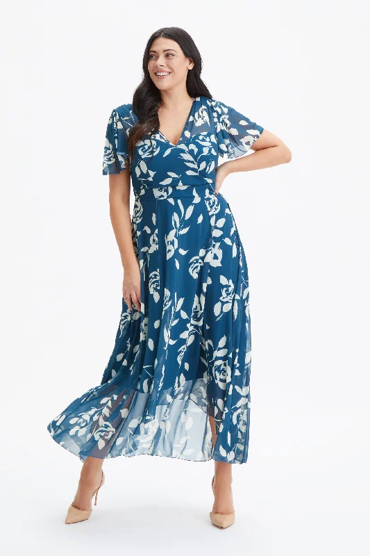 Deep Discounts summer floral dressTilly Teal Ivory Print Angel Sleeve Sweetheart Dress