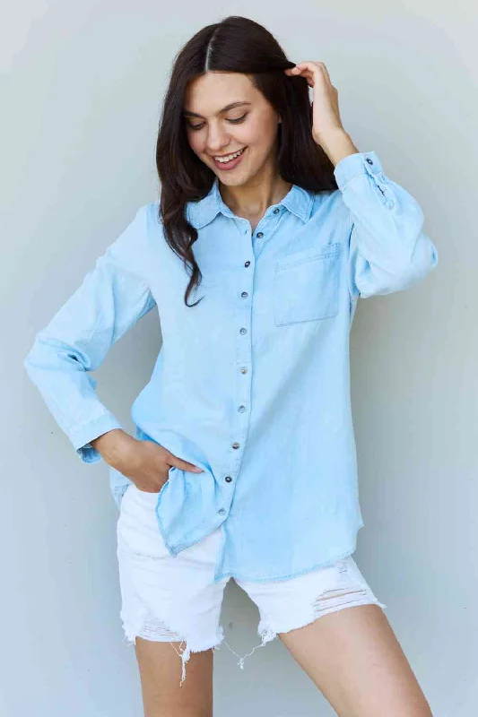Limited Stock Doublju Blue Jean Baby Denim Button Down Shirt Top in Light Blue