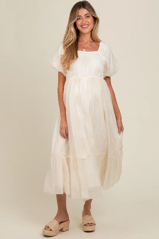Limited Time Discount vintage dressCream Floral Print Ruffle Hem Maternity Midi Dress