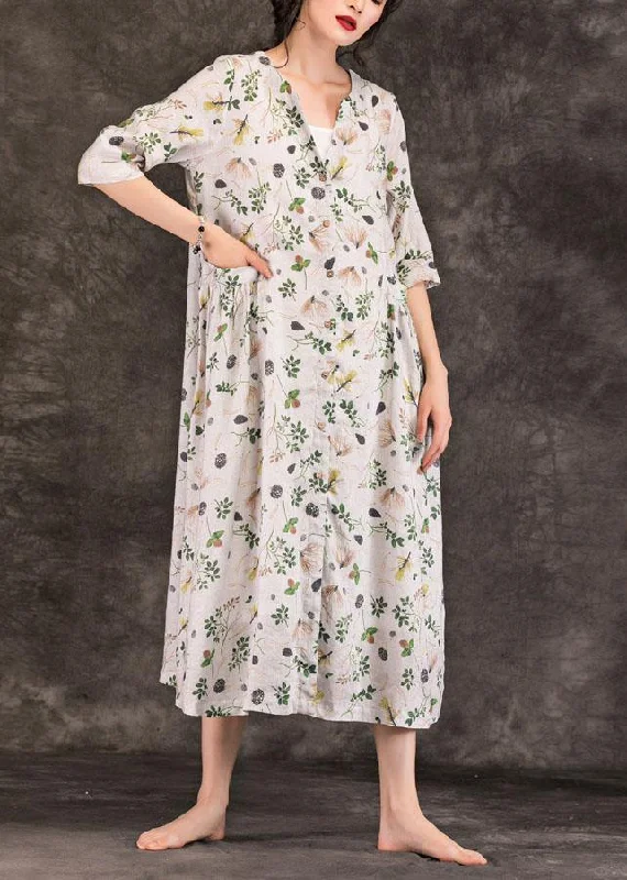 Special Discount evening dressNatural v neck Button Down linen dresses Work Outfits gray print Dresses summer
