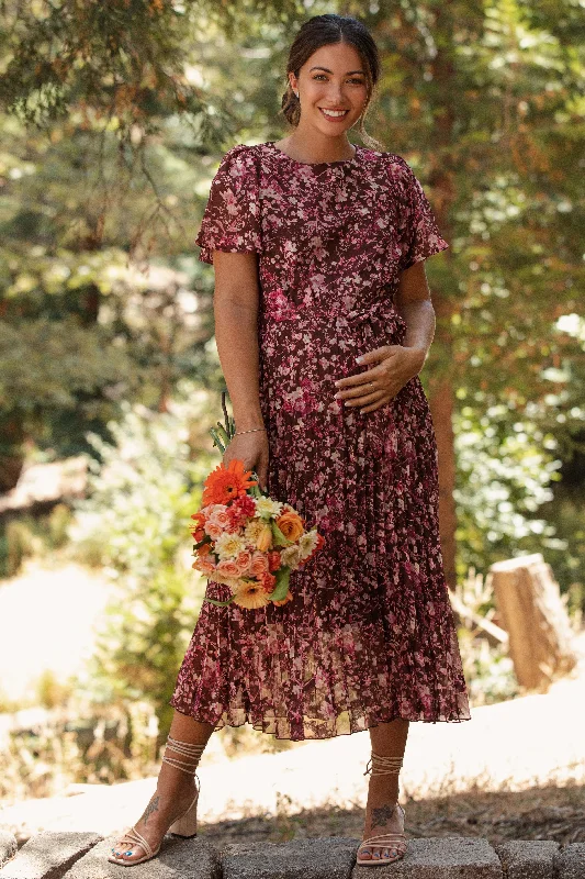 YEAR-End Sale romantic dressBrown Floral Pleated Maternity Midi Dress