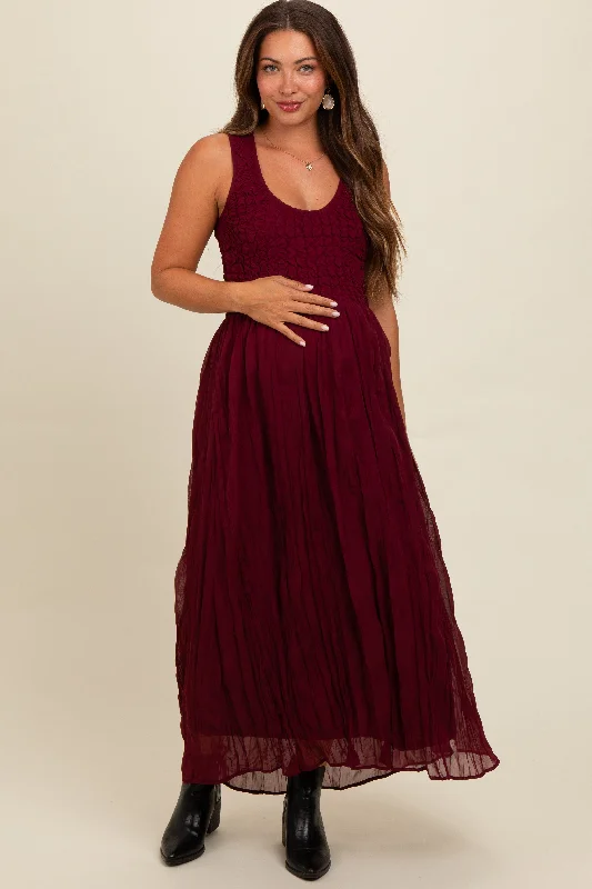 Super Bargain casual day dressBurgundy Textured Smocked Bodice Sleeveless Maternity Maxi Dress