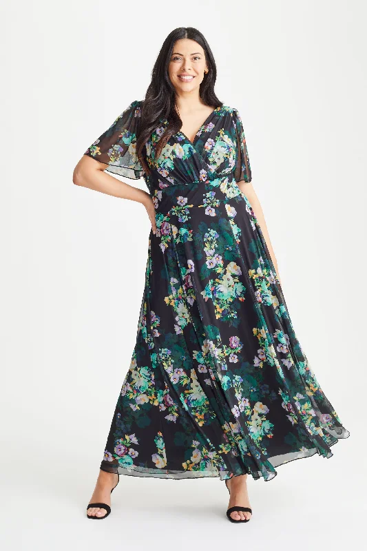 Online Only trendy wrap dressIsabelle Black Blue Float Sleeve Maxi Dress