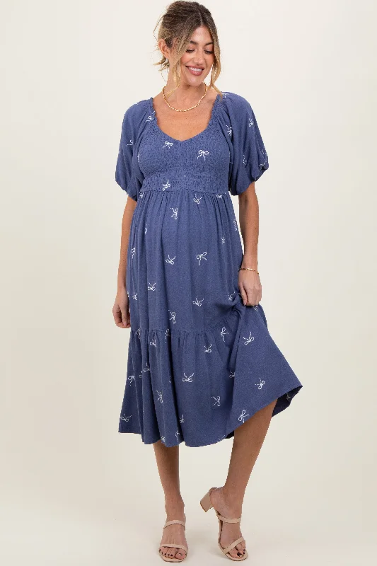 Weekend Deal trendy wrap dressBlue Ribbon Print Smocked Maternity Midi Dress