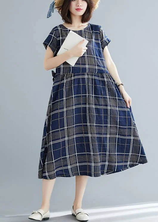 Early Access pleated dressItalian drawstring cotton dresses Work Outfits blue plaid Dresses summer