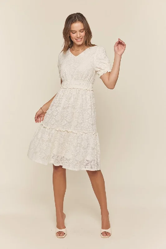 Low Prices ashionable dressOff White Ruffle Detail Lace Dress