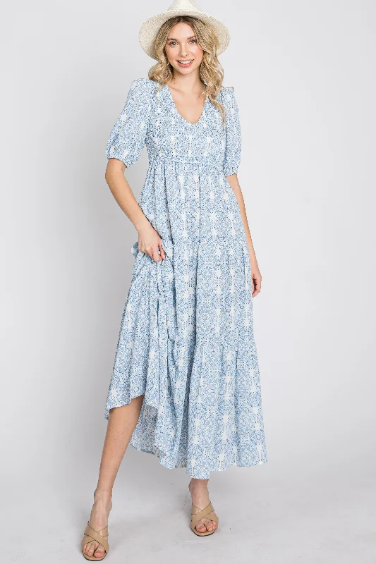 Factory Direct Sale off-the-shoulder dressBlue Paisley Print Smocked Tiered Maxi Dress