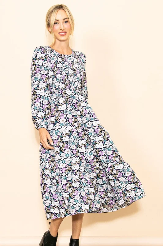 Extra Discounts party dressBlack Floral Smocked Tiered Midi Dress