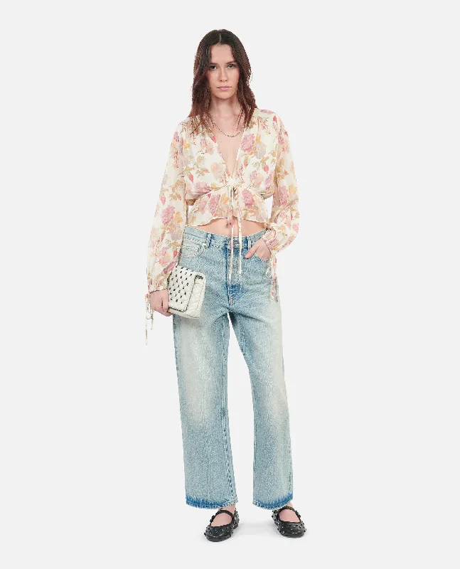 YEAR-End Clearance Floral Printed Silk Top With Ruffles | Women | Beige x Red