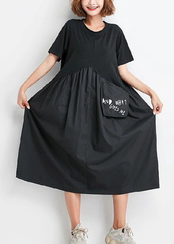 Act Now minimalistic dressNatural black patchwork Cotton clothes Women big pockets oversized summer Dress