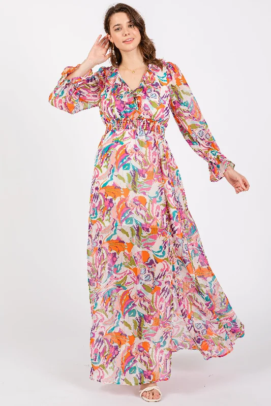 Clearance Event formal dressPink Print Ruffle Long Sleeve Maxi Dress