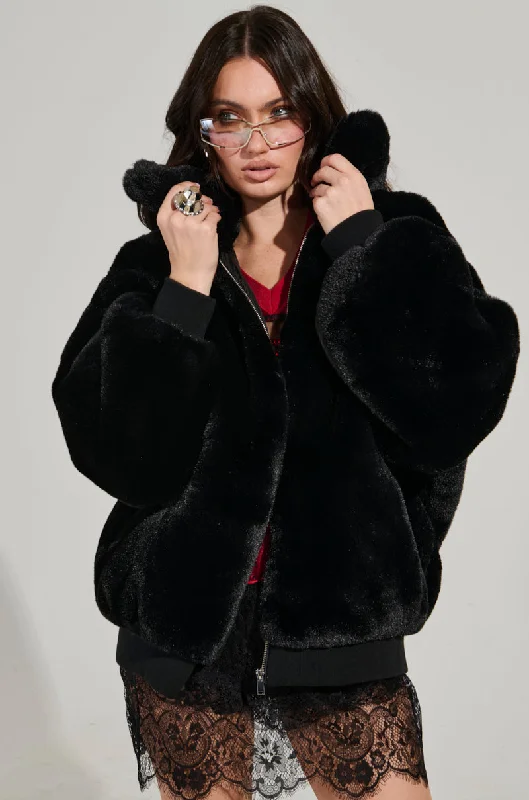Price Cut minimalist jacketDREW STREET LONG FAUX FUR ZIP UP JACKET IN BLACK