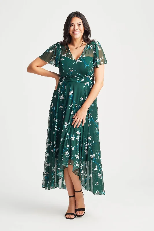 Hurry In satin midi dressTilly Green Blush Print Angel Sleeve Sweetheart Dress