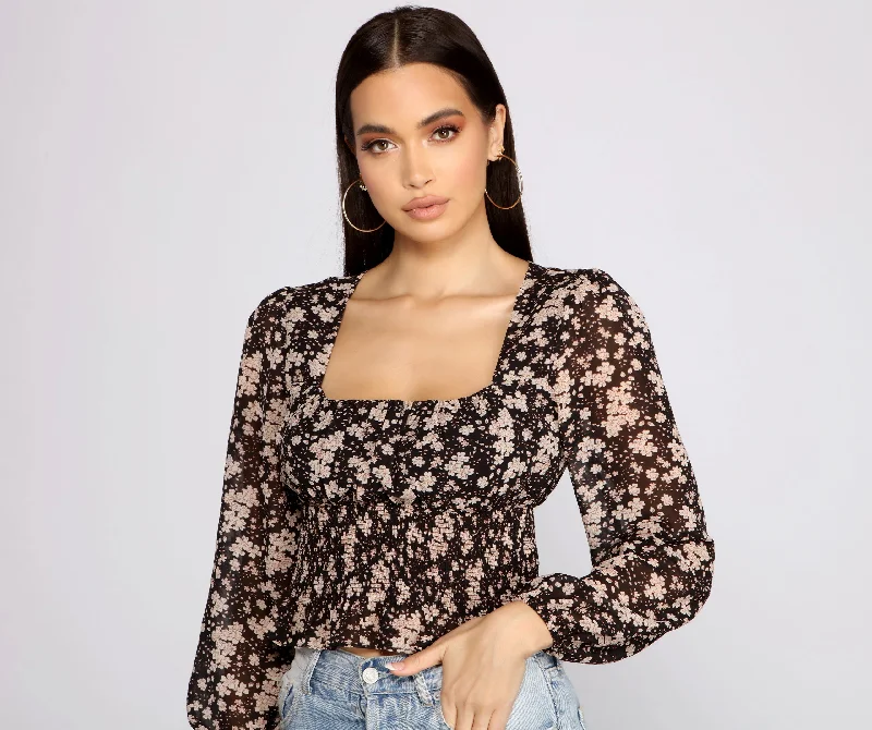 Value Deals Floral Charm Smocked Long Sleeve Top