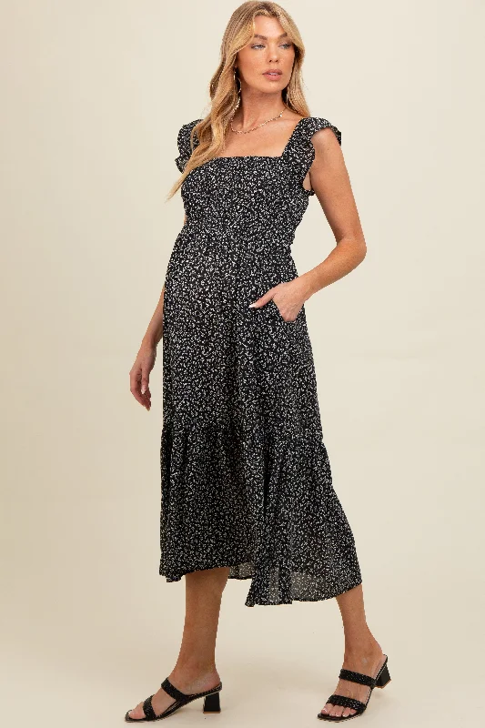 Weekend Special casual evening dressBlack Ruffle Strap Smocked Maternity Mid Dress