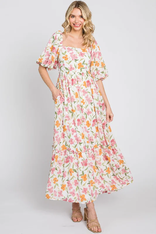 Closeout formal dressWhite Floral Puff Sleeve Maxi Dress