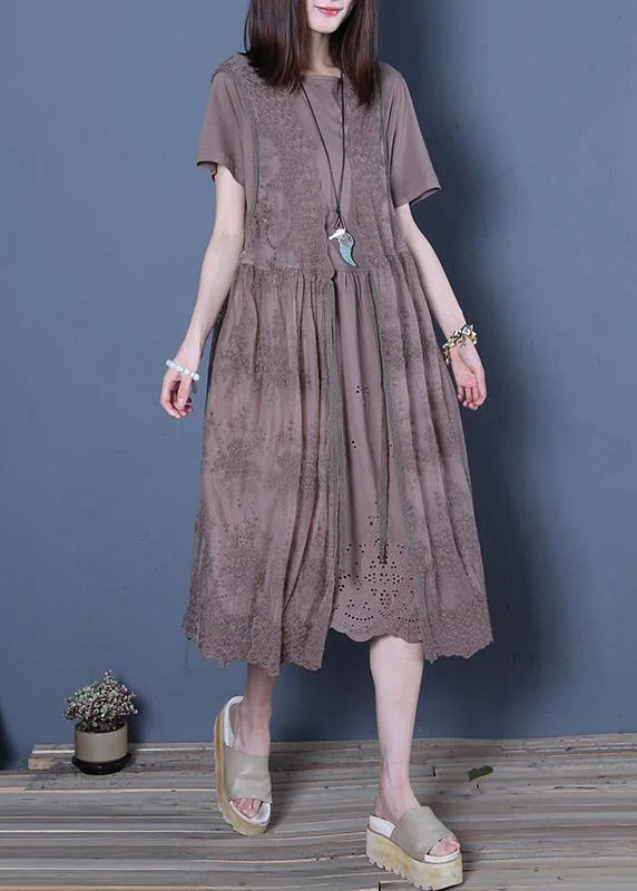Massive Deals luxury dressClassy chocolate Cotton Wardrobes o neck two pieces Knee summer Dresses