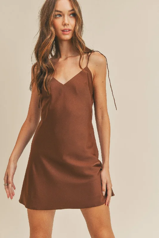 Sneak Peek Sale form-fitting dressBrown Satin Cami Tie Strap Mini Dress