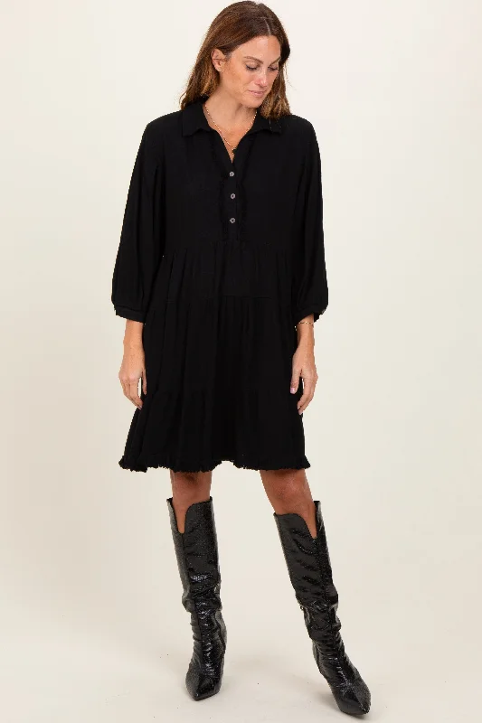 Lowest Price party dressBlack Linen Button Up Tiered Dress