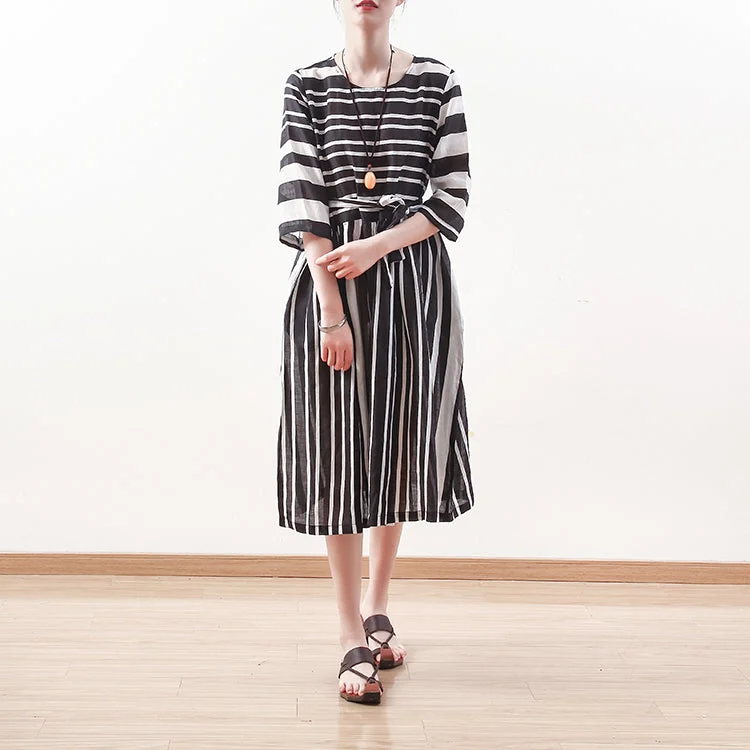 Exclusive Offers floral dressNew black white striped natural linen dress Loose fitting tie waist traveling clothing Elegant bracelet sleeved gown