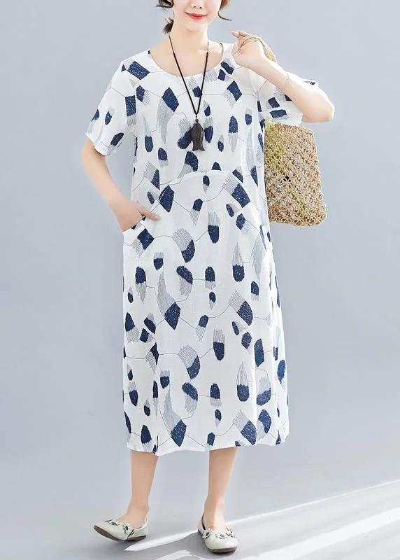 Customer Appreciation Sale vintage dressHandmade o neck pockets linen dresses Sewing navy print Dress summer