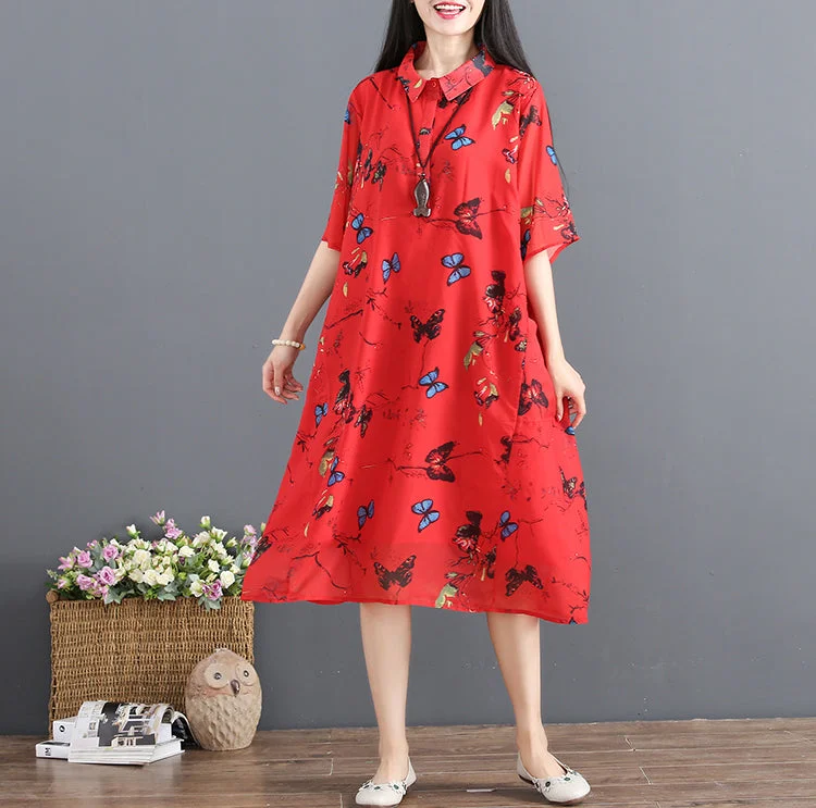 Early Access flowy dresswomen red summer dress turn down collar Half sleeve cocktail dress print baggy dresses chiffon sundress