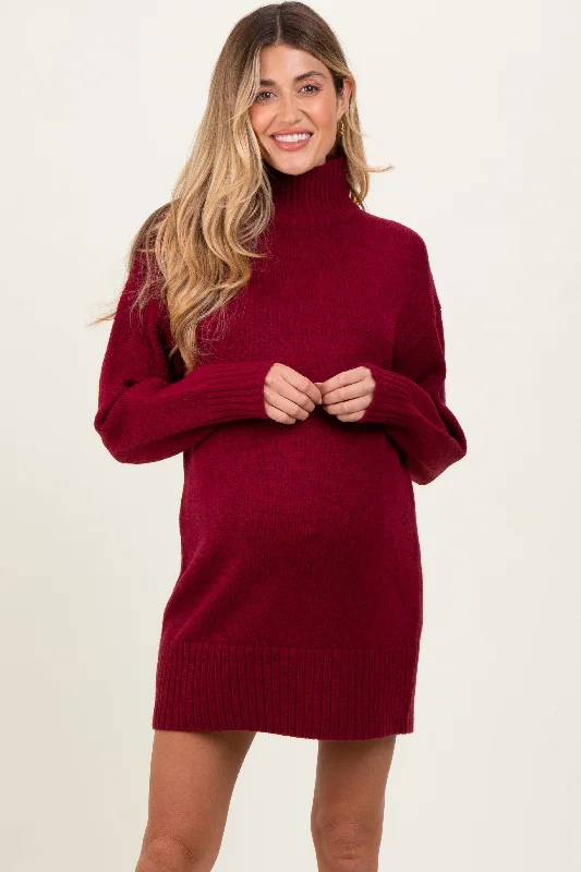 Weekend Flash Sale denim dressBurgundy Turtle Neck Maternity Mini Sweater Dress