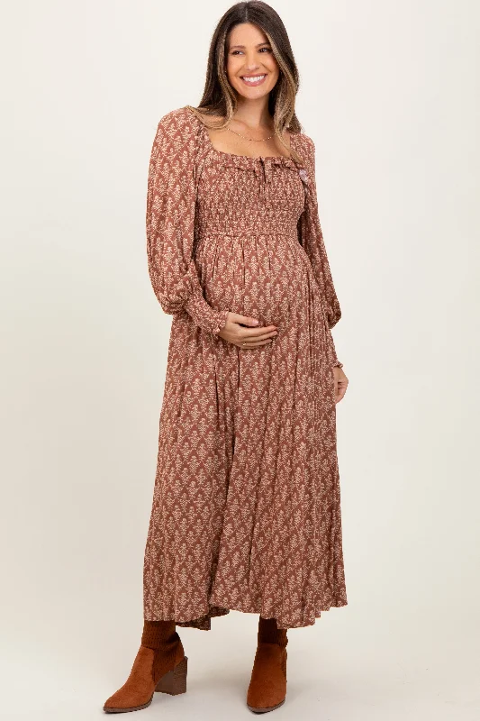 Huge Discounts flowy dressMocha Damask Print Smocked Ruffle Accent Maternity Maxi Dress