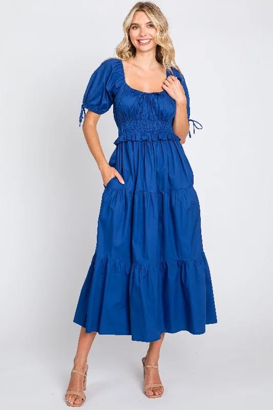 Special Price cocktail party dressNavy Shirred Front Tie Short Sleeve Tiered Midi Dress