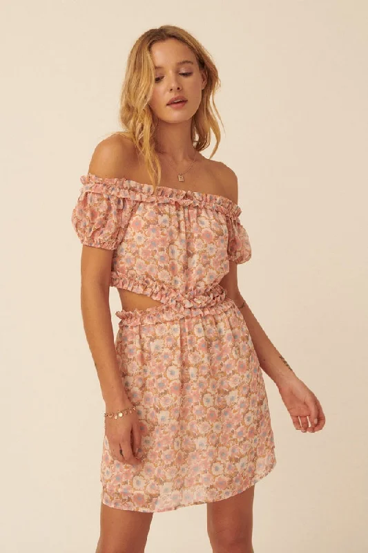 Take Advantage flowy evening dressPeach Floral Off-Shoulder Ruffle Side Cutout Mini Dress