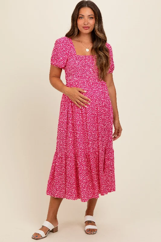 Year-End Clearance boho-chic dressCoral Floral Smocked Ruffle Hem Maternity Midi Dress