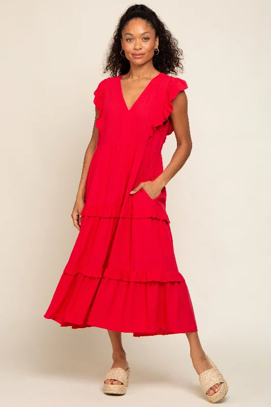Best Seller ruffle dressRed Ruffle Accent Tiered Midi Dress