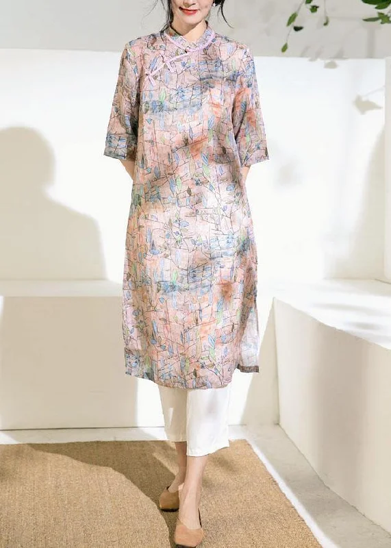Super Bargain modern dressArt stand collar half sleeve linen clothes For Women Work pink print Dress