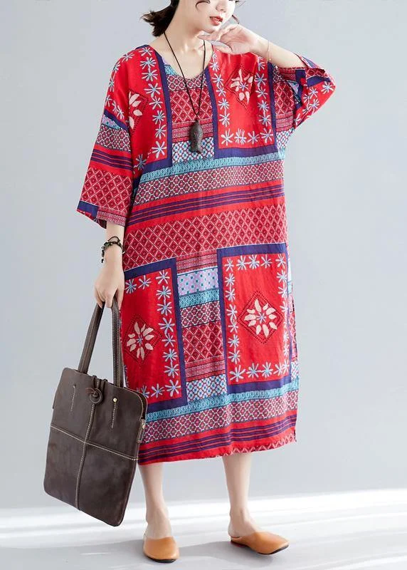 Best Seller satin dressFrench red print cotton quilting dresses v neck side open Maxi summer Dresses
